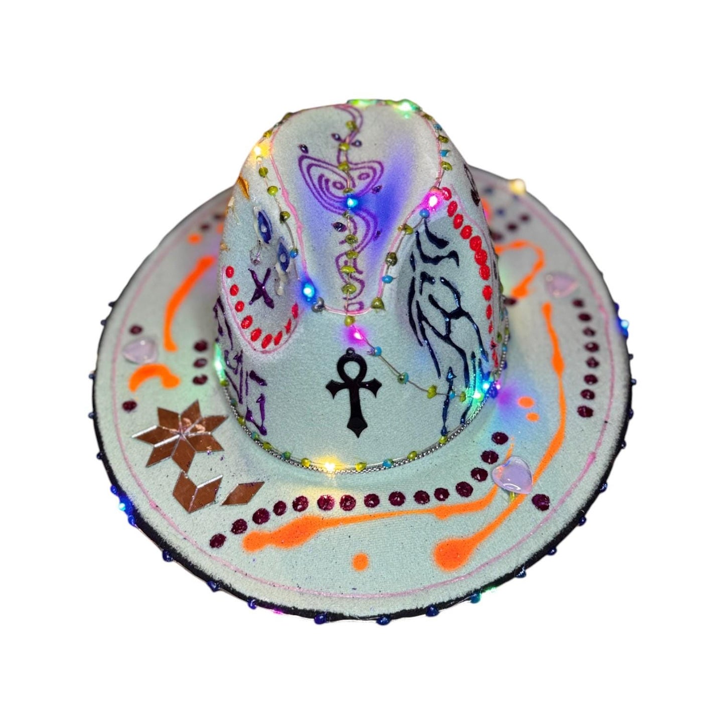 LED Burning Man Cowboy Hat: Neon Art, Cosmic Symbols, Handmade