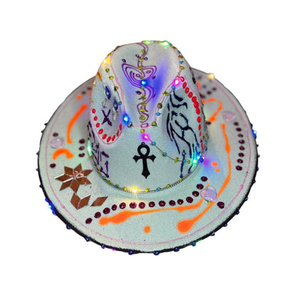 LED Burning Man Cowboy Hat: Neon Art, Cosmic Symbols, Handmade