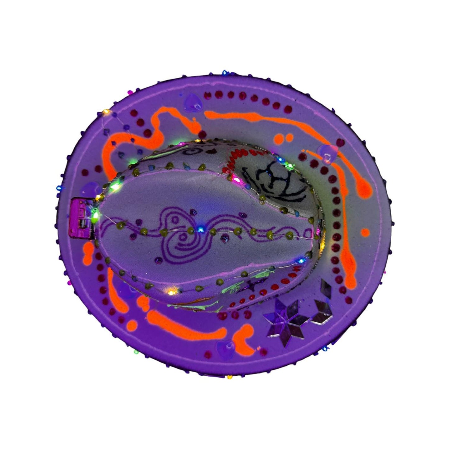 LED Burning Man Cowboy Hat: Neon Art, Cosmic Symbols, Handmade