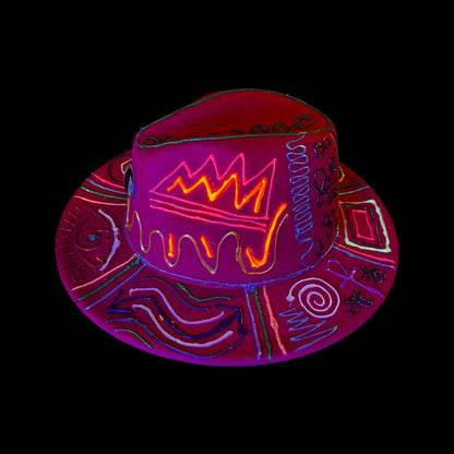 Hand-painted red festival hat with mystic eye & neon UV-reactive symbols | Psychedelic spiritual rave hat | Qreine wearable art