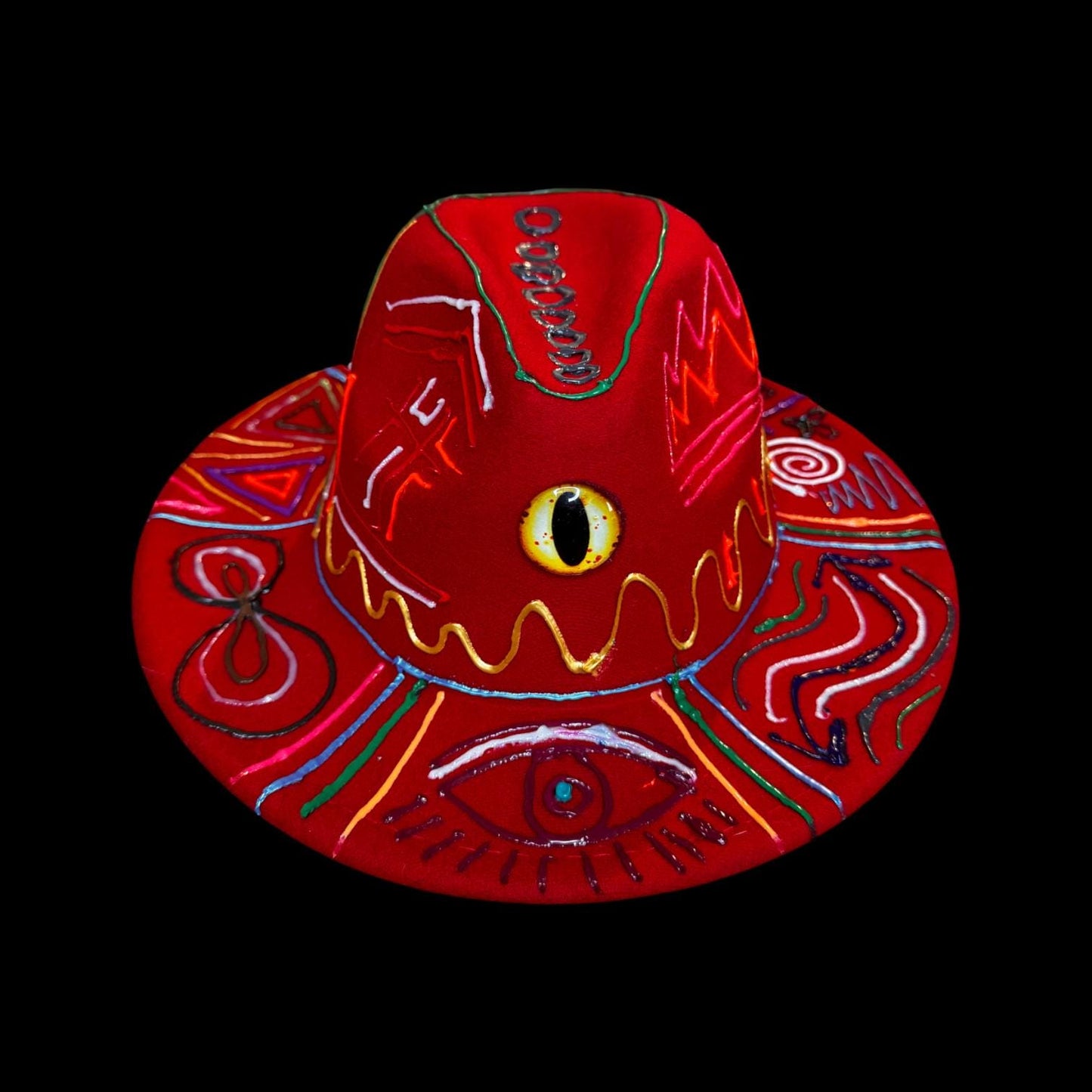 Hand-painted red festival hat with mystic eye & neon UV-reactive symbols | Psychedelic spiritual rave hat | Qreine wearable art
