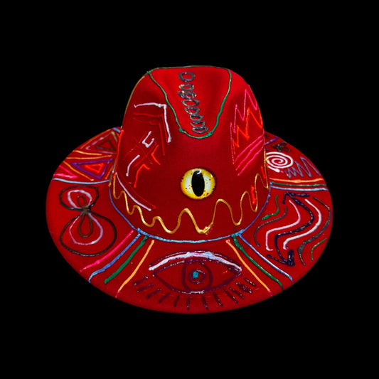 Hand-painted red festival hat with mystic eye & neon UV-reactive symbols | Psychedelic spiritual rave hat | Qreine wearable art
