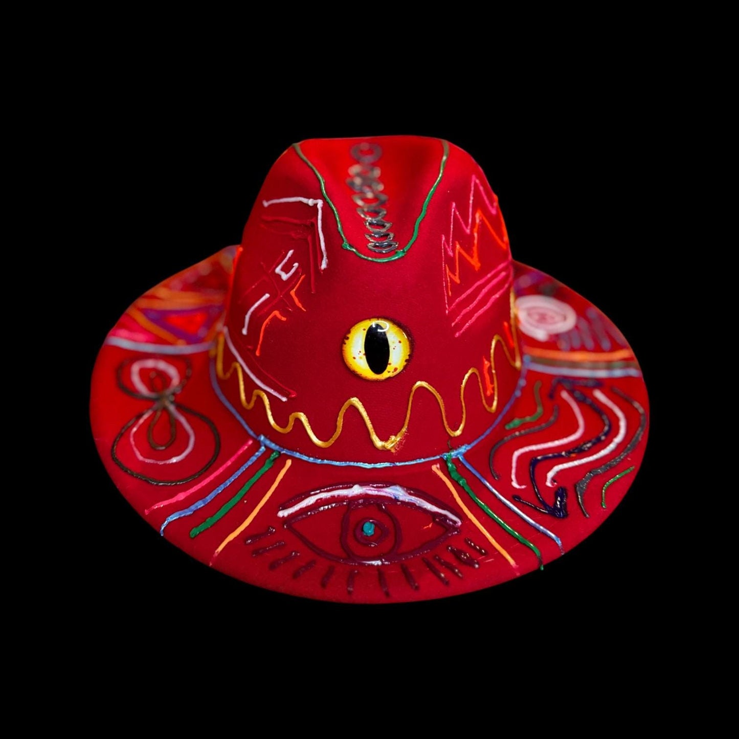 Hand-painted red festival hat with mystic eye & neon UV-reactive symbols | Psychedelic spiritual rave hat | Qreine wearable art