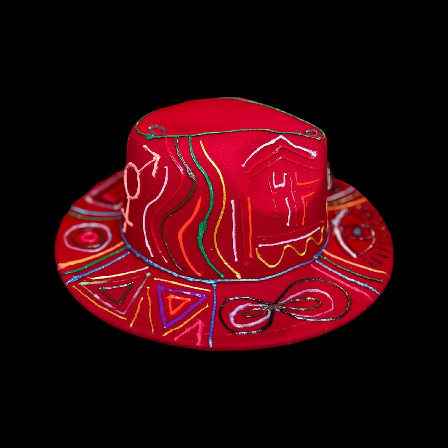 Hand-painted red festival hat with mystic eye & neon UV-reactive symbols | Psychedelic spiritual rave hat | Qreine wearable art