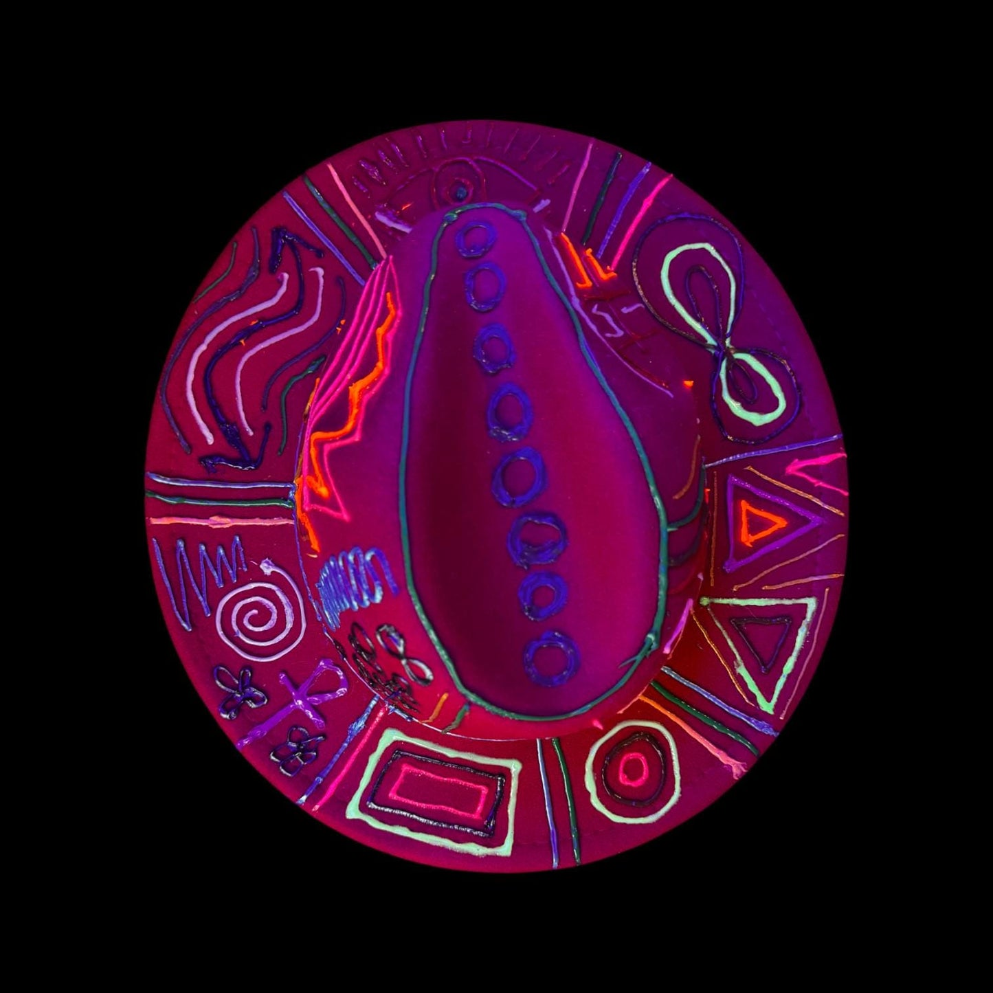 Hand-painted red festival hat with mystic eye & neon UV-reactive symbols | Psychedelic spiritual rave hat | Qreine wearable art