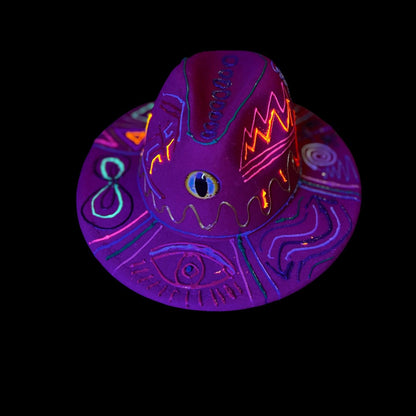 Hand-painted red festival hat with mystic eye & neon UV-reactive symbols | Psychedelic spiritual rave hat | Qreine wearable art