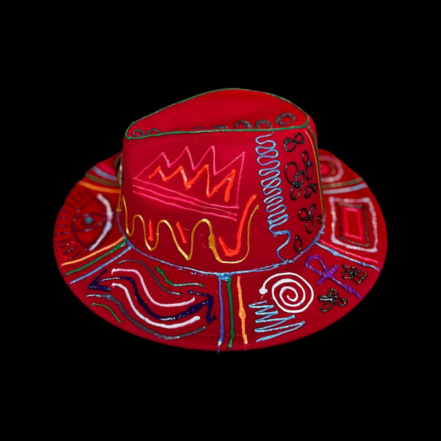 Hand-painted red festival hat with mystic eye & neon UV-reactive symbols | Psychedelic spiritual rave hat | Qreine wearable art