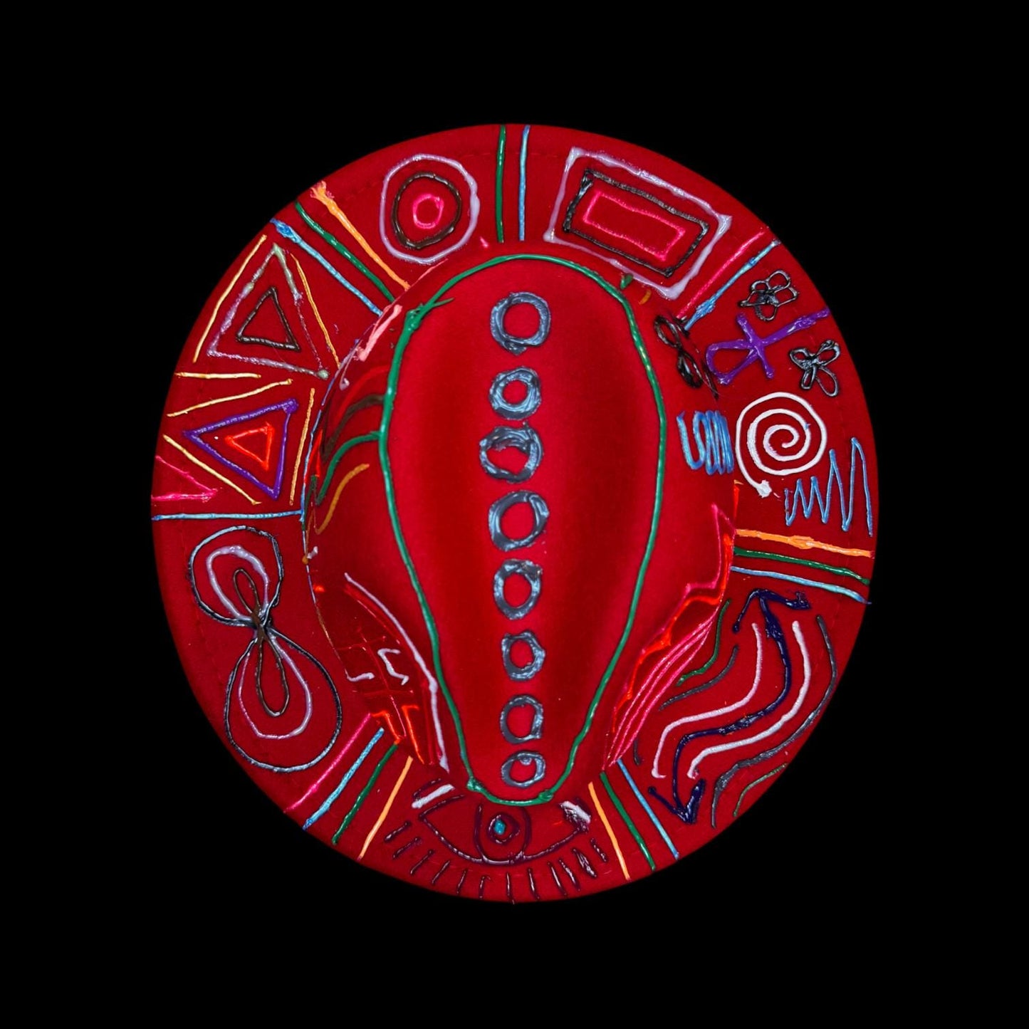 Hand-painted red festival hat with mystic eye & neon UV-reactive symbols | Psychedelic spiritual rave hat | Qreine wearable art