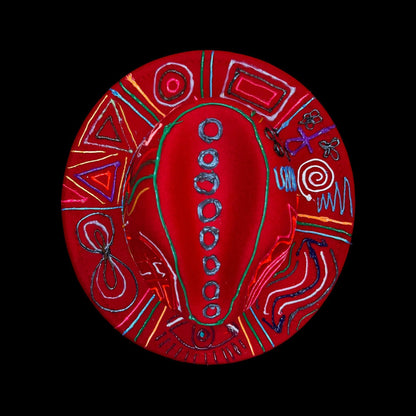 Hand-painted red festival hat with mystic eye & neon UV-reactive symbols | Psychedelic spiritual rave hat | Qreine wearable art