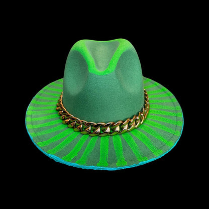 Emerald Ray | Hand-Painted Green Fedora with Neon Radiance, Gold Chain Accent & Festival Glow – Qreine Hats by Ilgaz Kuren
