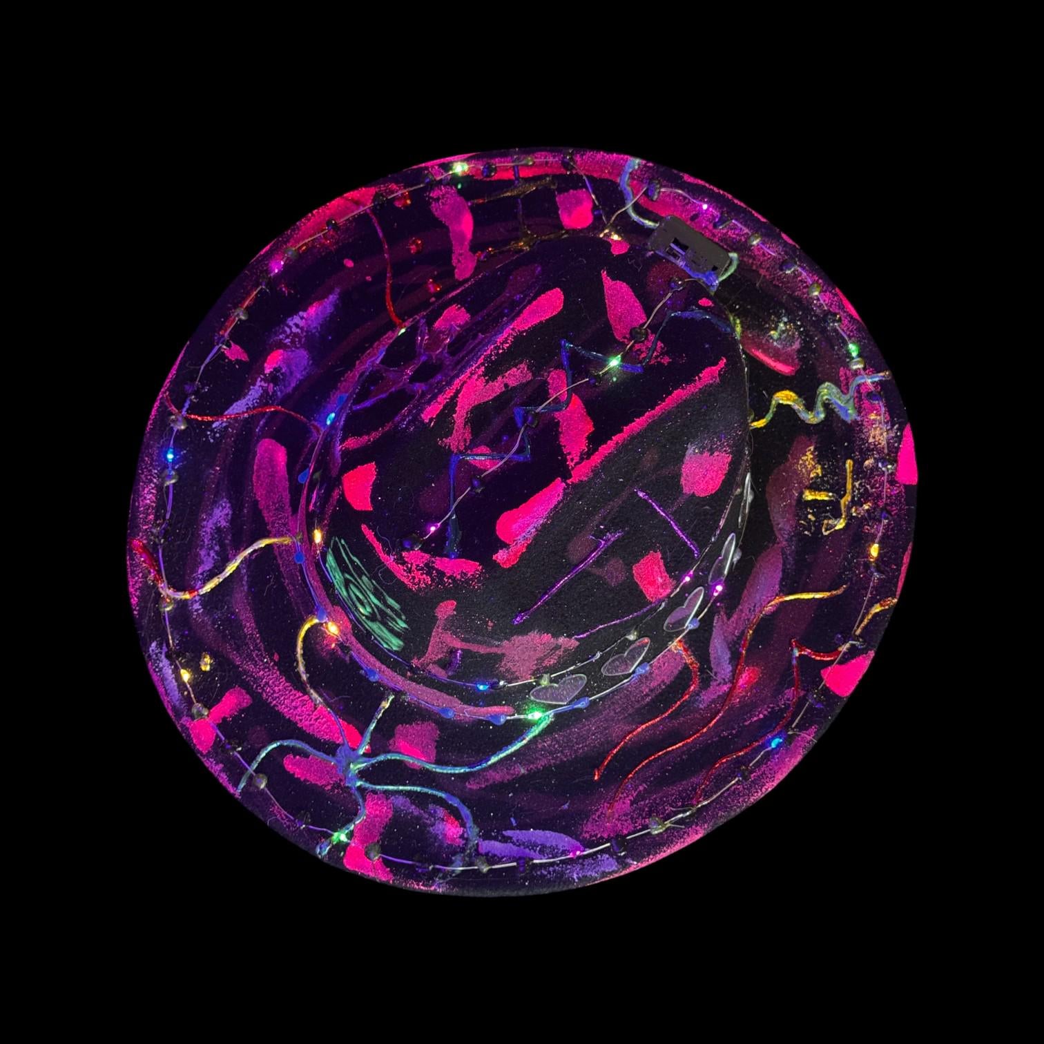 Hand-Painted Glow Camera Hat | Psychedelic UV Neon Fedora with LED Lights & Hearts | Rave Festival Art Hat by Qreine 57