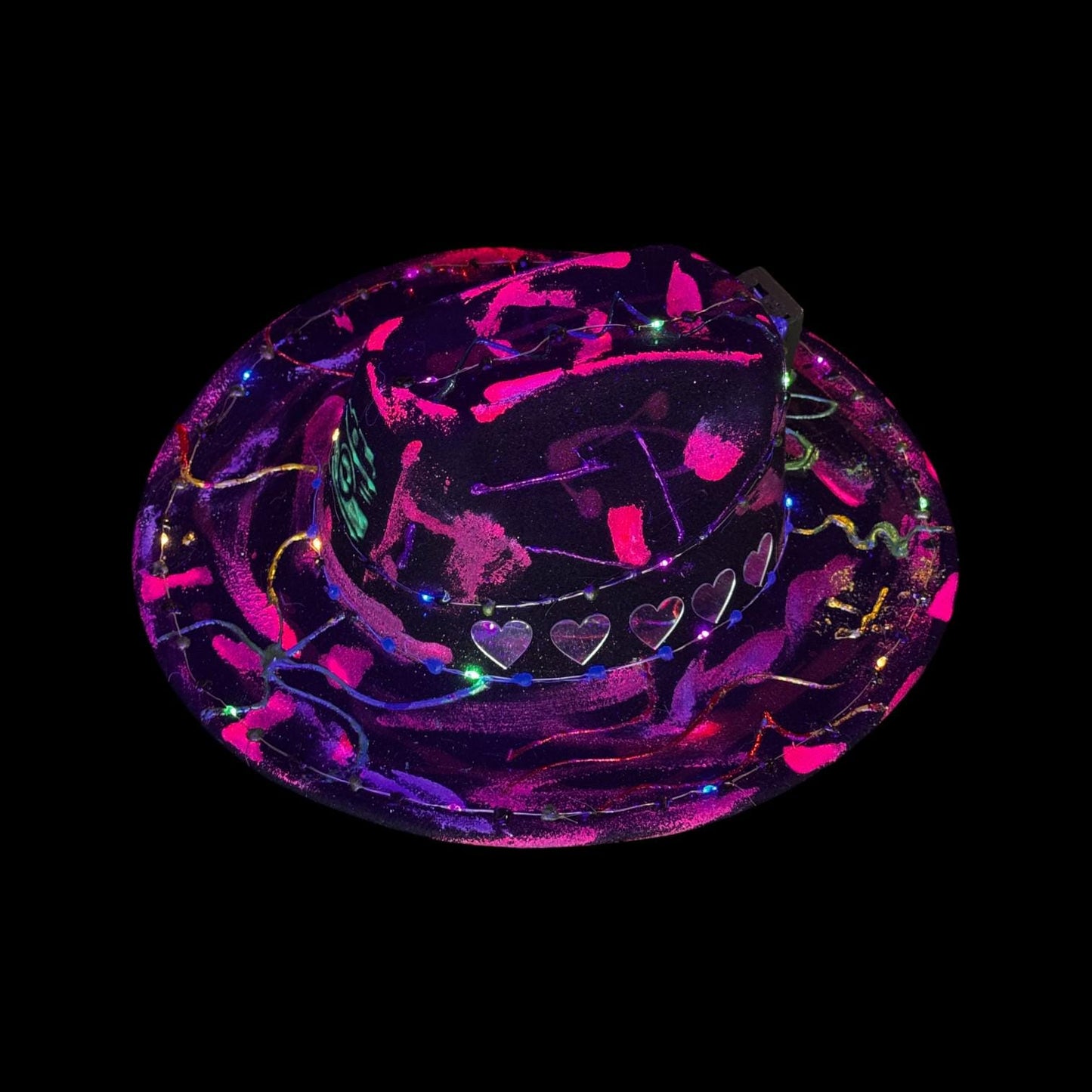Hand-Painted Glow Camera Hat | Psychedelic UV Neon Fedora with LED Lights & Hearts | Rave Festival Art Hat by Qreine 57