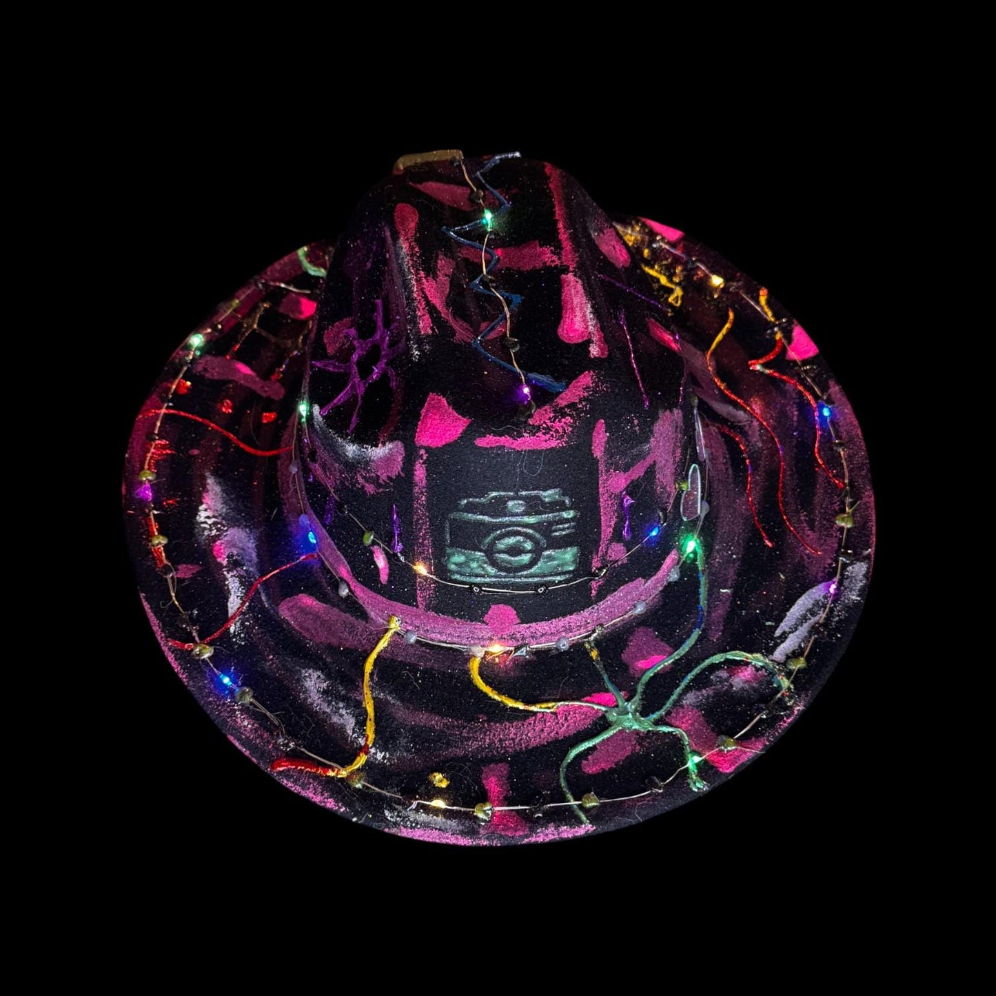 Hand-Painted Glow Camera Hat | Psychedelic UV Neon Fedora with LED Lights & Hearts | Rave Festival Art Hat by Qreine 57