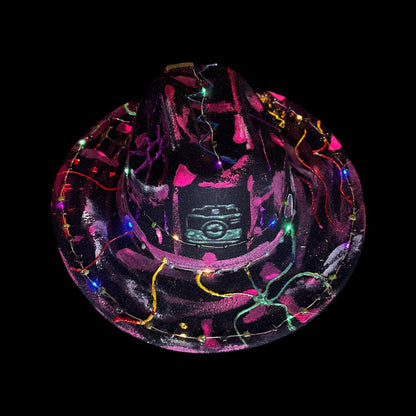 Hand-Painted Glow Camera Hat | Psychedelic UV Neon Fedora with LED Lights & Hearts | Rave Festival Art Hat by Qreine 57