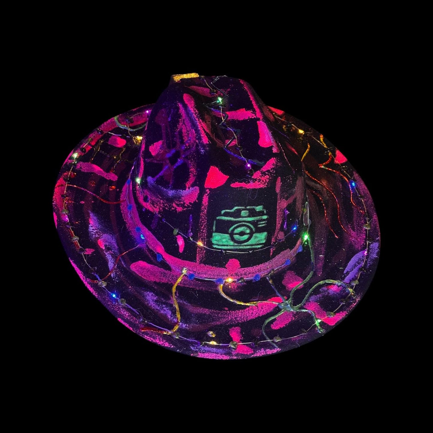 Hand-Painted Glow Camera Hat | Psychedelic UV Neon Fedora with LED Lights & Hearts | Rave Festival Art Hat by Qreine 57