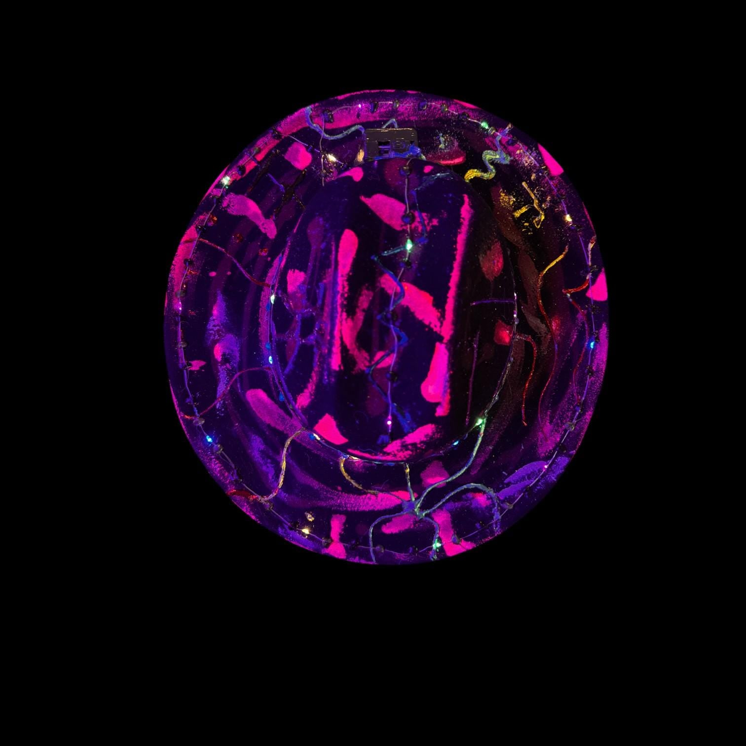 Hand-Painted Glow Camera Hat | Psychedelic UV Neon Fedora with LED Lights & Hearts | Rave Festival Art Hat by Qreine 57