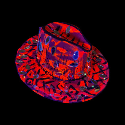 Hand-Painted Red Black Festival Hat with LED Lights and Mirror Accents – Unique Rave Burning Man Qreine Art Fedora 57