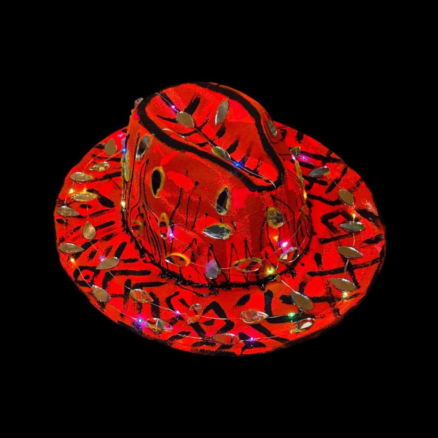 Hand-Painted Red Black Festival Hat with LED Lights and Mirror Accents – Unique Rave Burning Man Qreine Art Fedora 57