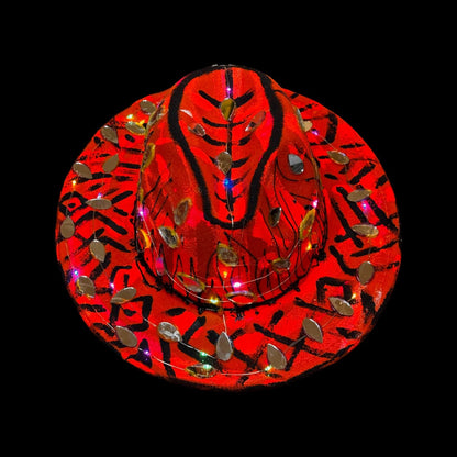 Hand-Painted Red Black Festival Hat with LED Lights and Mirror Accents – Unique Rave Burning Man Qreine Art Fedora 57