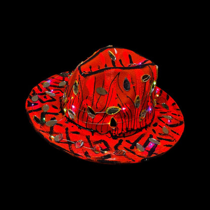 Hand-Painted Red Black Festival Hat with LED Lights and Mirror Accents – Unique Rave Burning Man Qreine Art Fedora 57