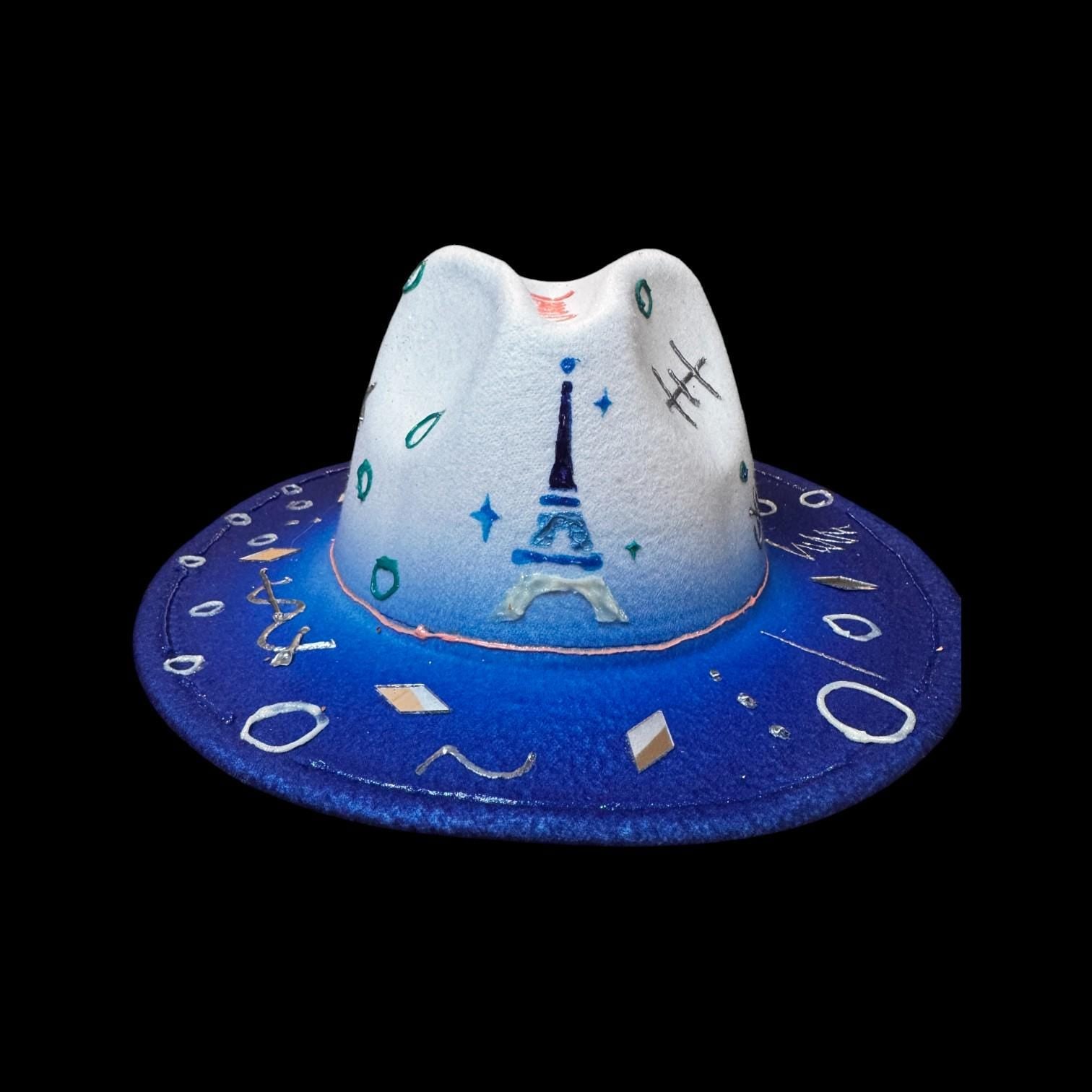 Qreine Paris Blue & White Hand-Painted Hat | Eiffel Tower Design | Festival Fashion | Unique Collectible Wearable Art