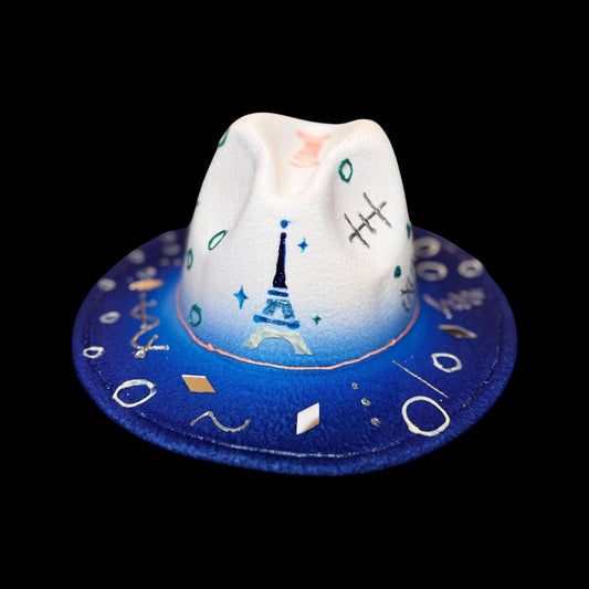 Qreine Paris Blue & White Hand-Painted Hat | Eiffel Tower Design | Festival Fashion | Unique Collectible Wearable Art