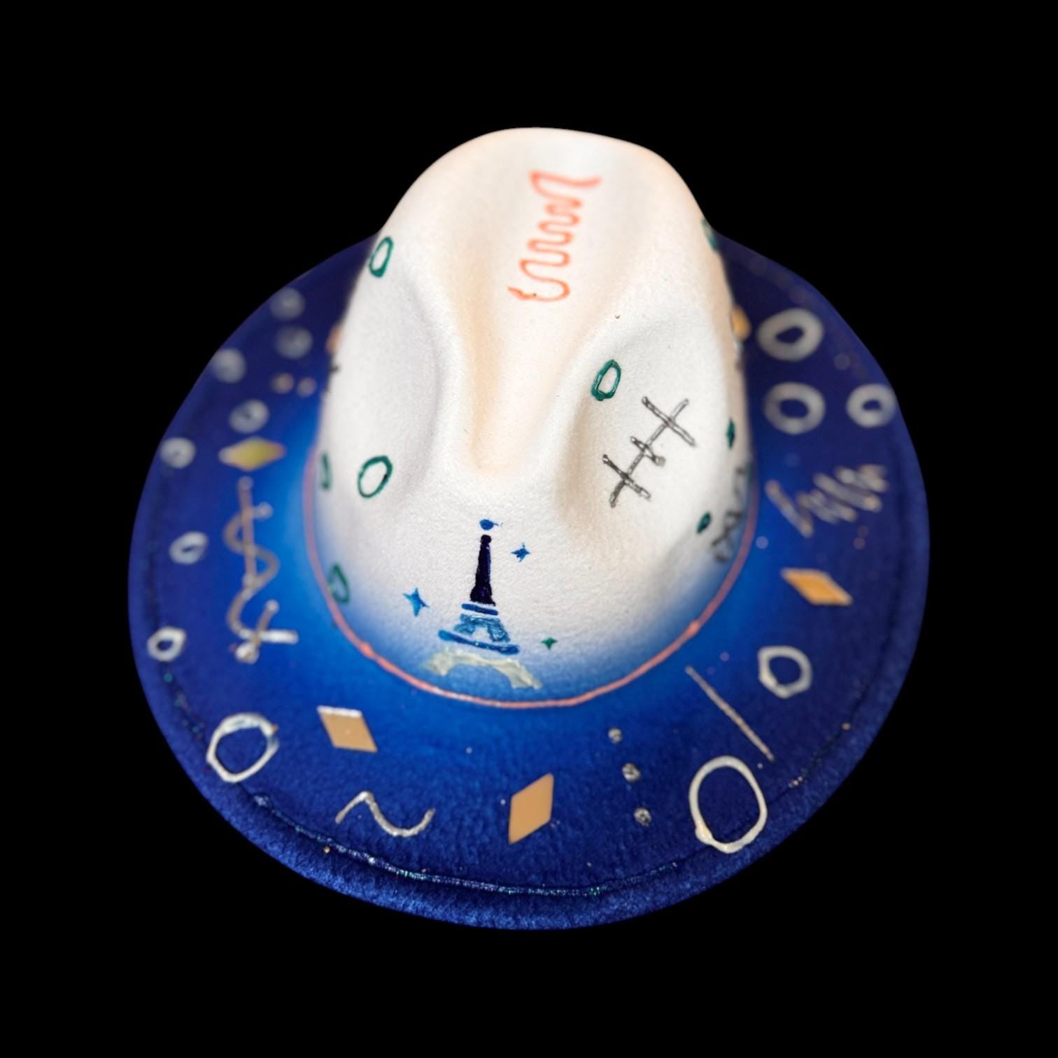 Qreine Paris Blue & White Hand-Painted Hat | Eiffel Tower Design | Festival Fashion | Unique Collectible Wearable Art
