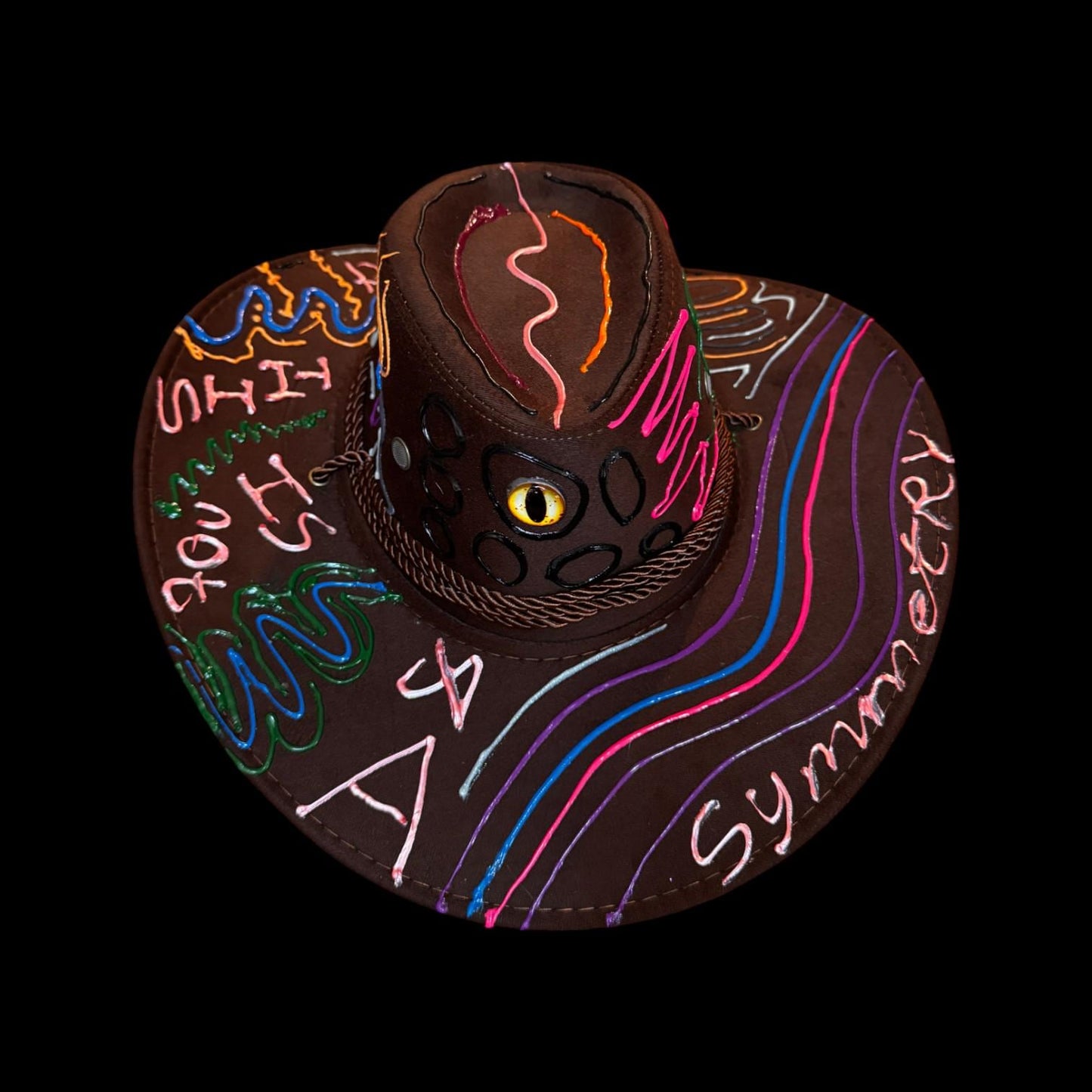 This Isnt A symmetry Project Cowboy Hat Design – Hand-Painted Festival Hat with Neon UV Reactive Accents & 3D Eye Detail, Burning Man Style