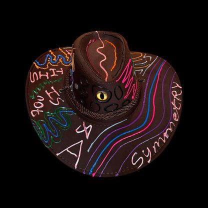 This Isnt A symmetry Project Cowboy Hat Design – Hand-Painted Festival Hat with Neon UV Reactive Accents & 3D Eye Detail, Burning Man Style