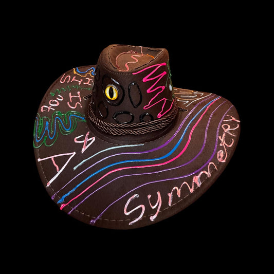This Isnt A symmetry Project Cowboy Hat Design – Hand-Painted Festival Hat with Neon UV Reactive Accents & 3D Eye Detail, Burning Man Style