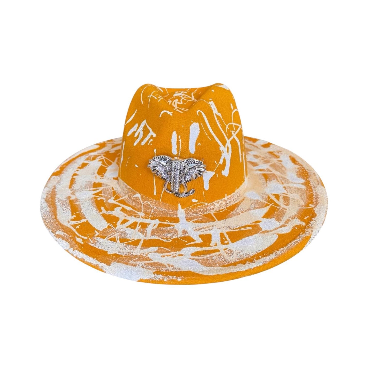 Hand-Painted Orange Splatter Hat: Festival Rave Fashion with Silver Elephant