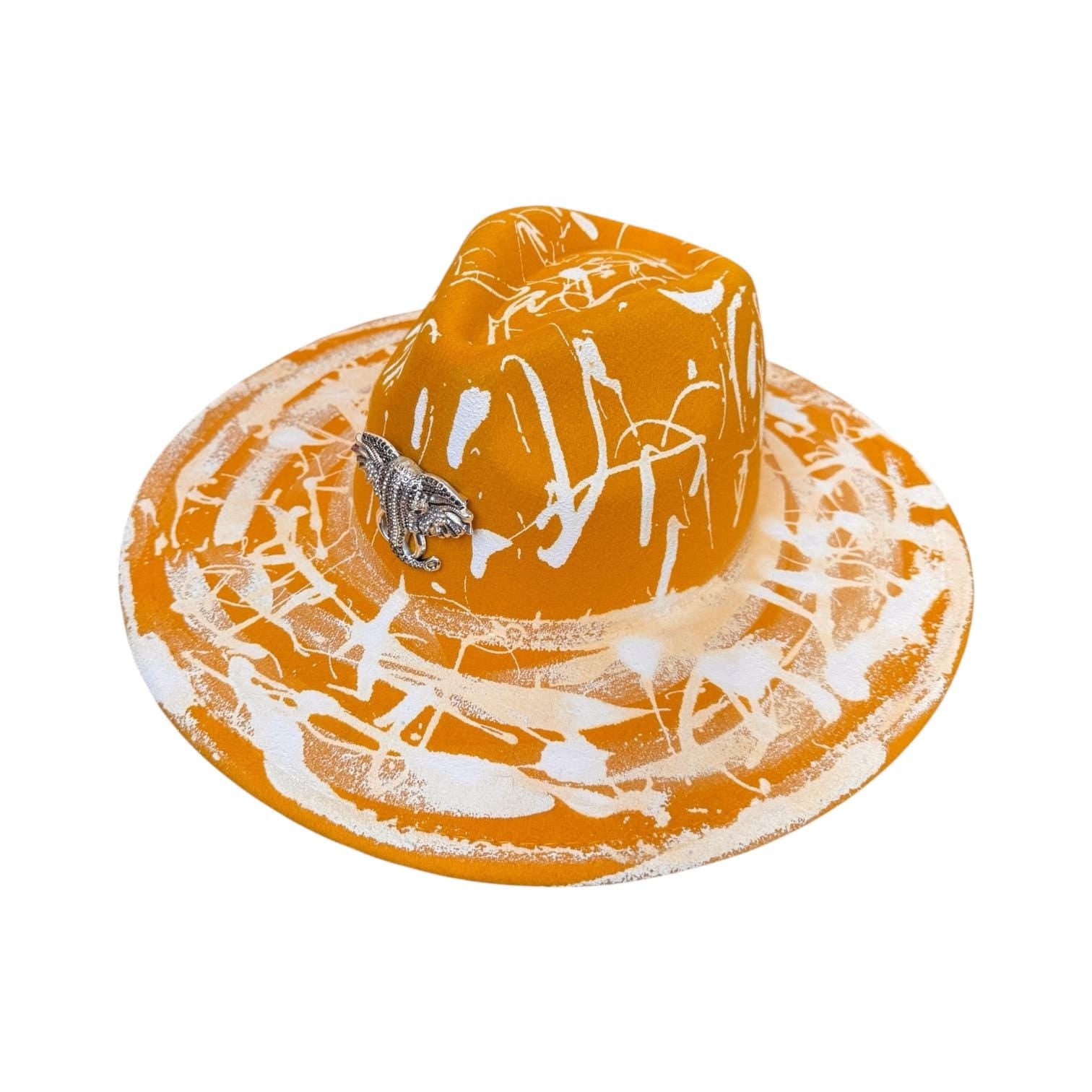 Hand-Painted Orange Splatter Hat: Festival Rave Fashion with Silver Elephant