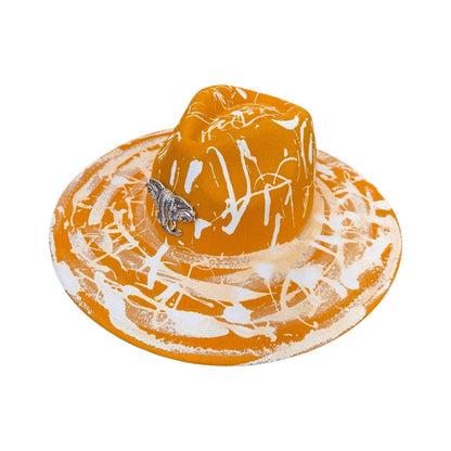 Hand-Painted Orange Splatter Hat: Festival Rave Fashion with Silver Elephant