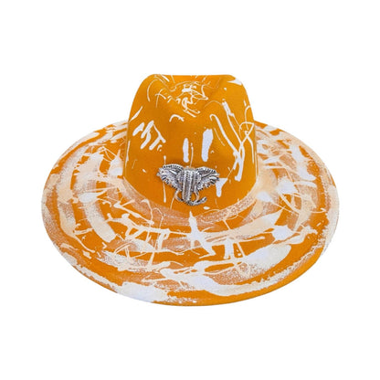 Hand-Painted Orange Splatter Hat: Festival Rave Fashion with Silver Elephant