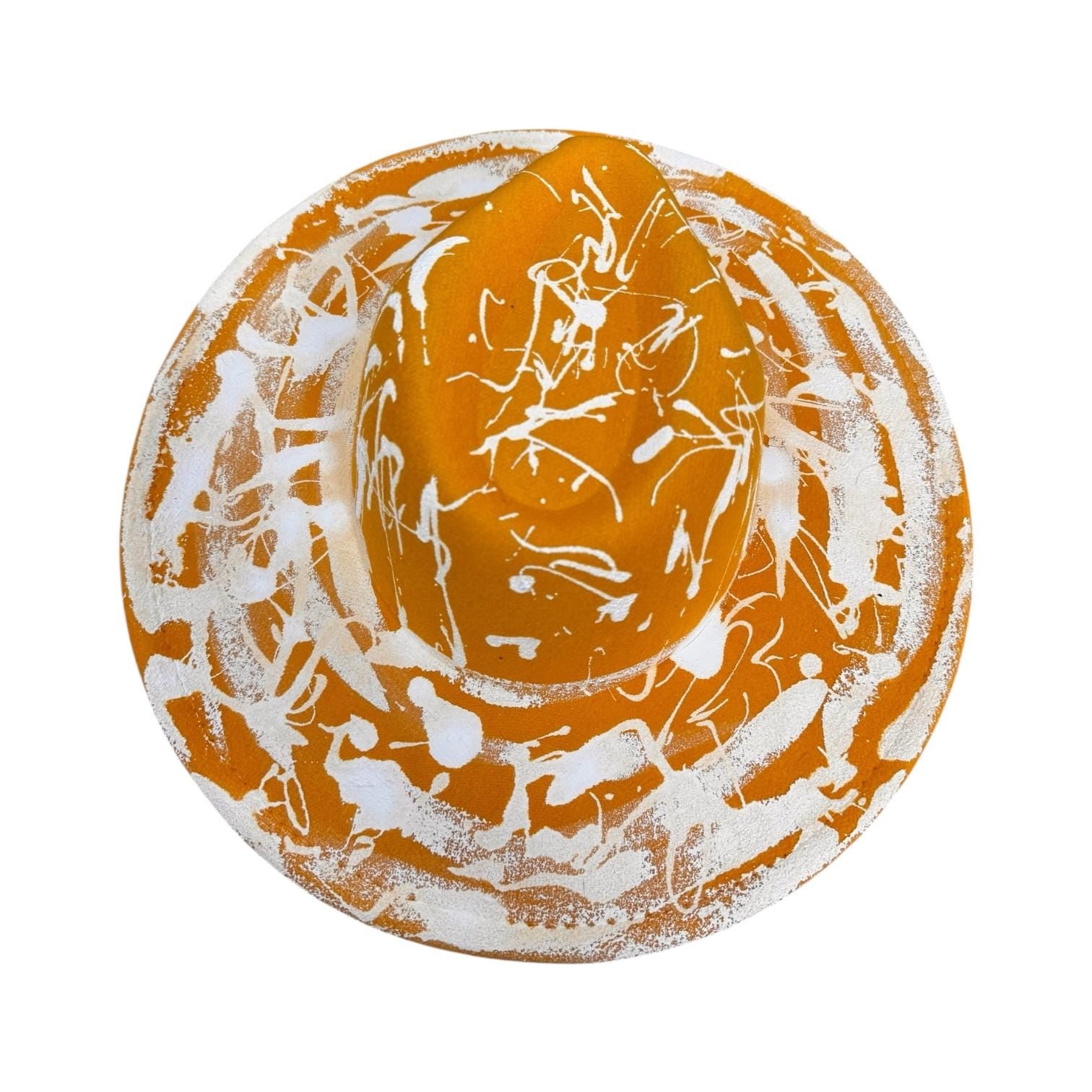 Hand-Painted Orange Splatter Hat: Festival Rave Fashion with Silver Elephant