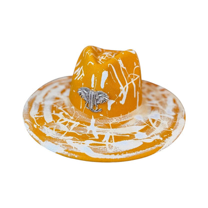 Hand-Painted Orange Splatter Hat: Festival Rave Fashion with Silver Elephant