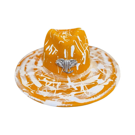 Hand-Painted Orange Splatter Hat: Festival Rave Fashion with Silver Elephant