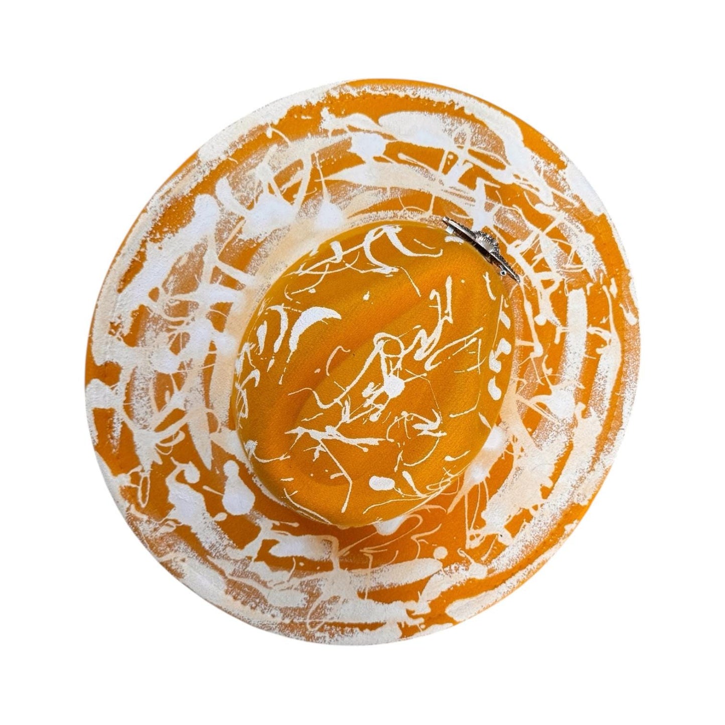 Hand-Painted Orange Splatter Hat: Festival Rave Fashion with Silver Elephant