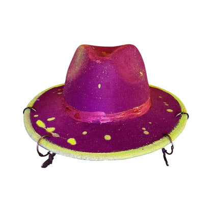 Hand-Painted Plum Felt Hat: Neon Brim, Bronze Bee Charms, UV Reactive, Burning Man Hat