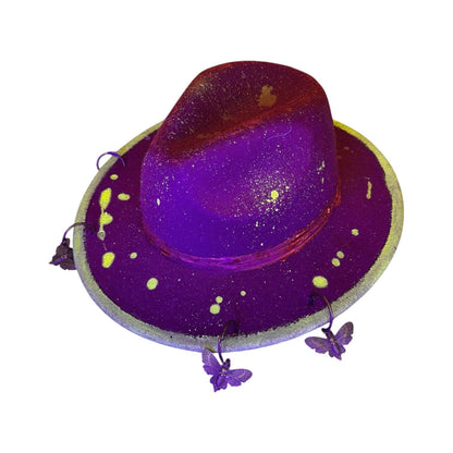 Hand-Painted Plum Felt Hat: Neon Brim, Bronze Bee Charms, UV Reactive, Burning Man Hat