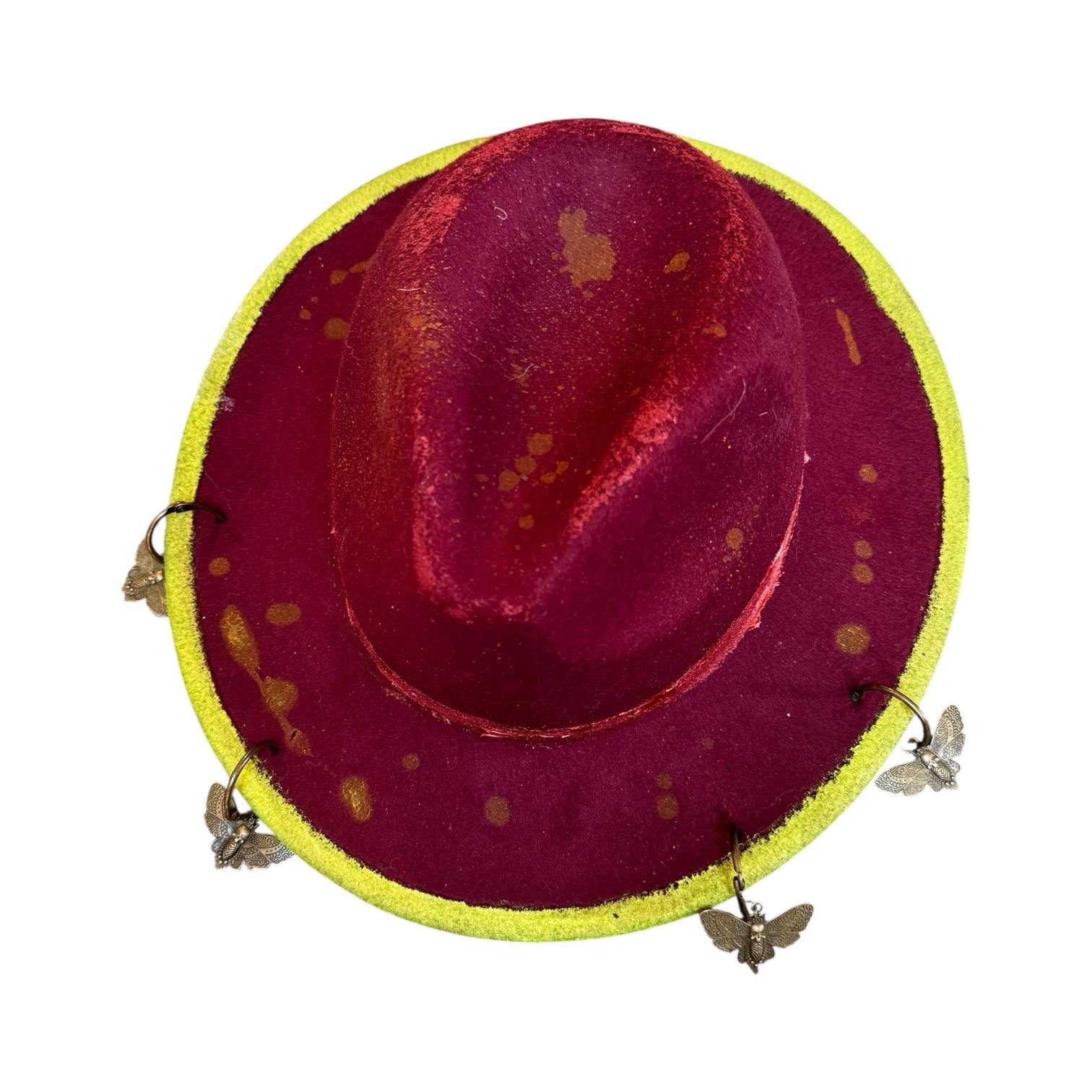 Hand-Painted Plum Felt Hat: Neon Brim, Bronze Bee Charms, UV Reactive, Burning Man Hat