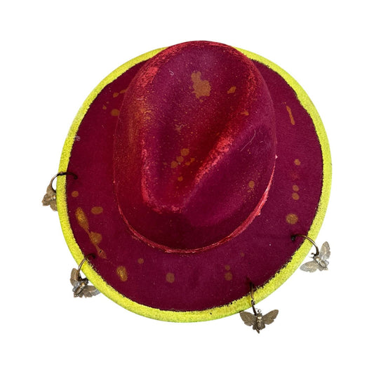 Hand-Painted Plum Felt Hat: Neon Brim, Bronze Bee Charms, UV Reactive, Burning Man Hat