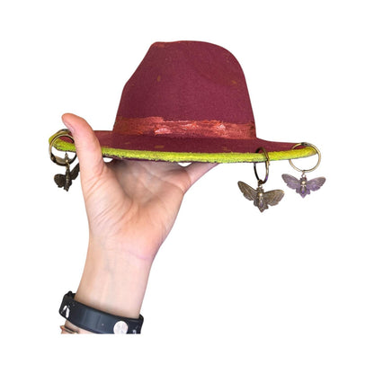 Hand-Painted Plum Felt Hat: Neon Brim, Bronze Bee Charms, UV Reactive, Burning Man Hat