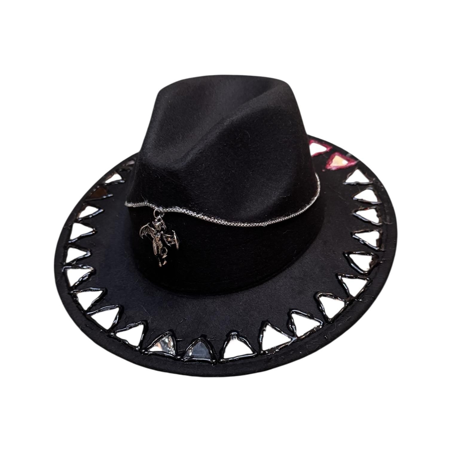 Succubus Fedora: Gothic Black Hat with Bat-Winged Pendant