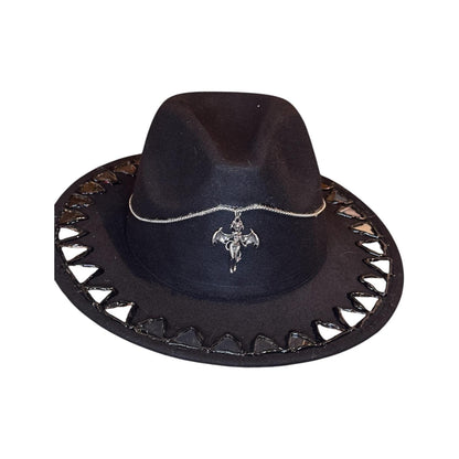 Succubus Fedora: Gothic Black Hat with Bat-Winged Pendant