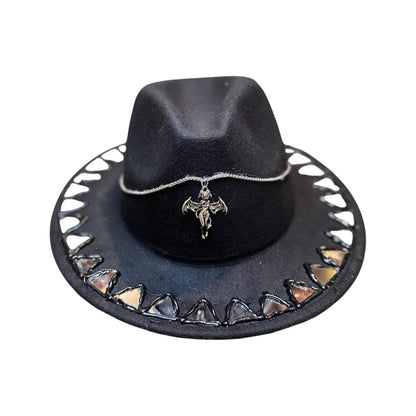 Succubus Fedora: Gothic Black Hat with Bat-Winged Pendant