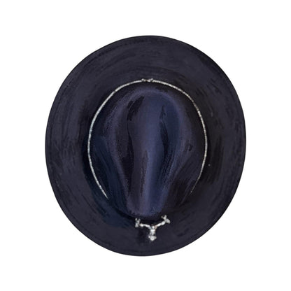 Black Halloween Succubus Witch Hat – Gothic Festival Fedora with Silver Demon Pendant, Dark Rave Accessory, Handmade by Ilgaz Kuren