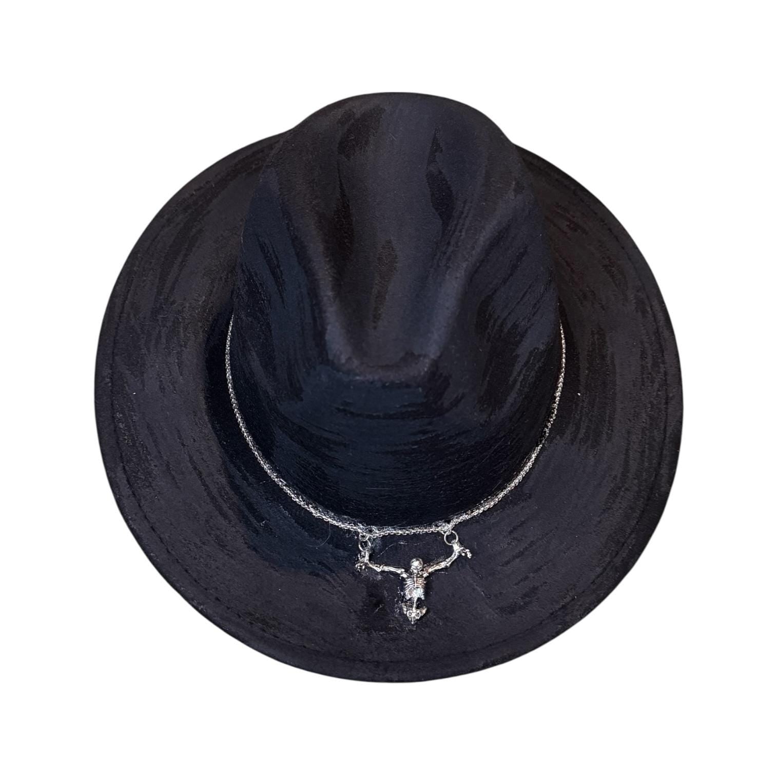 Black Halloween Succubus Witch Hat – Gothic Festival Fedora with Silver Demon Pendant, Dark Rave Accessory, Handmade by Ilgaz Kuren