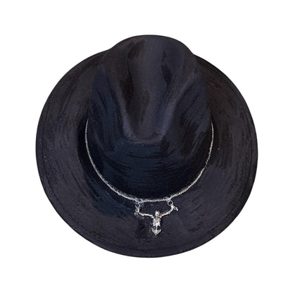 Black Halloween Succubus Witch Hat – Gothic Festival Fedora with Silver Demon Pendant, Dark Rave Accessory, Handmade by Ilgaz Kuren