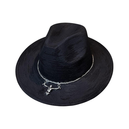 Black Halloween Succubus Witch Hat – Gothic Festival Fedora with Silver Demon Pendant, Dark Rave Accessory, Handmade by Ilgaz Kuren